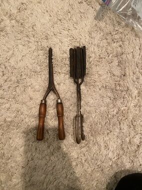 Antique Curling Irons/Curling Tongs - Brown & Metal